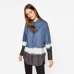 Zara chambray balloon sleeve tie dye color block shirt women’s size XS